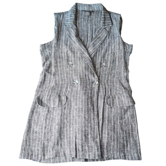Suzy Shier Linen pinStripe  Long Vest Sleeveless Waistcoat Size S - Picture 2 of 11